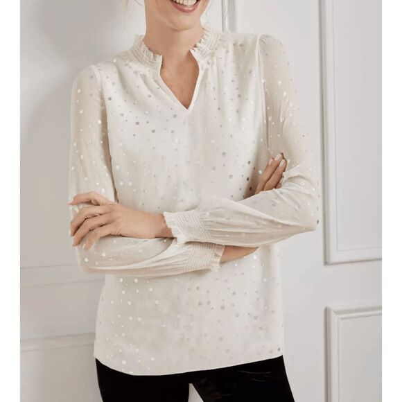 Talbots NWT Smocked Cheerful Dots Top White Silver Polka Dots, Sz XL, MSRP $109 - Picture 1 of 11